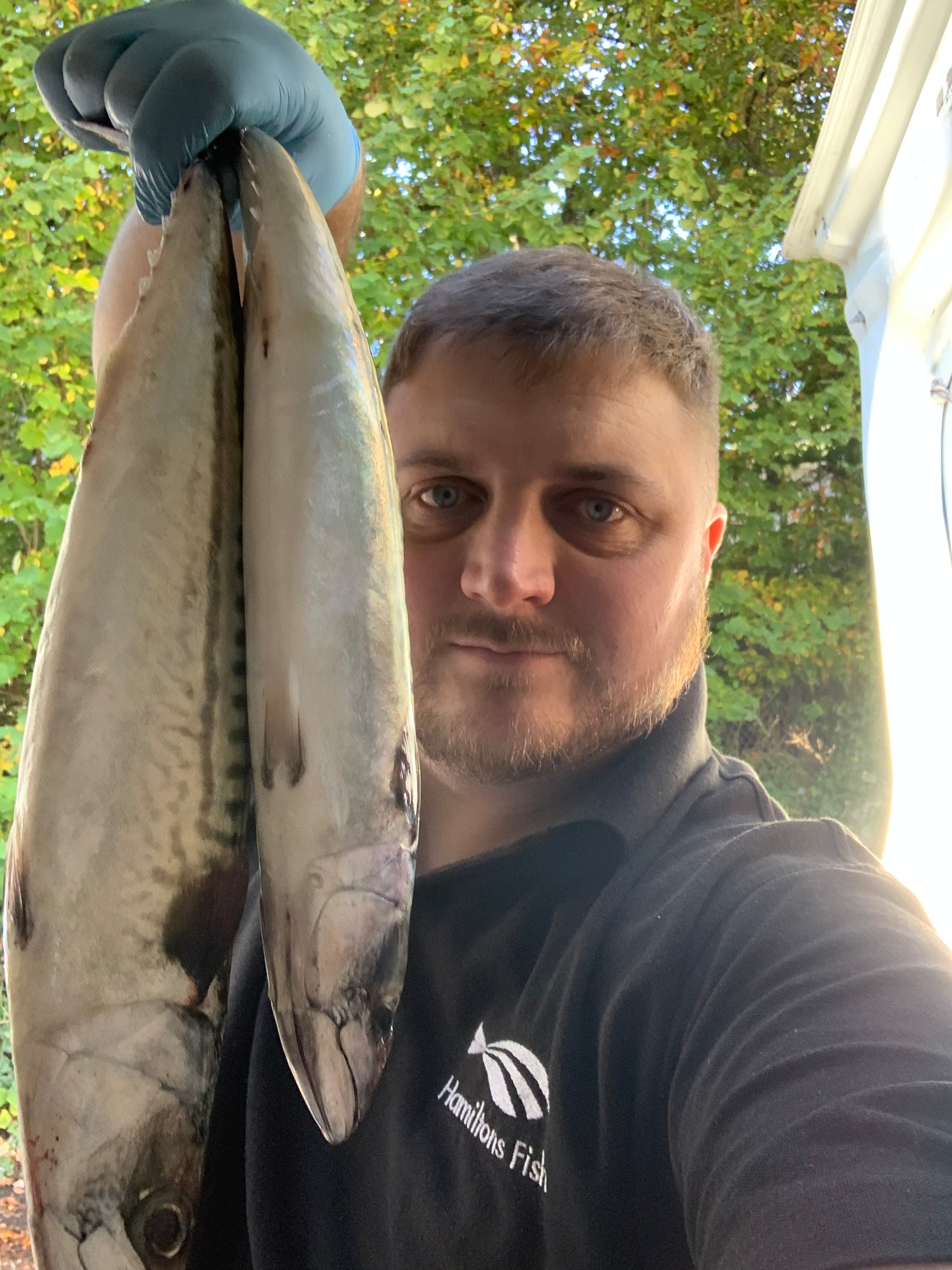 Ben from Hamiltons Fish holding two large mackerel