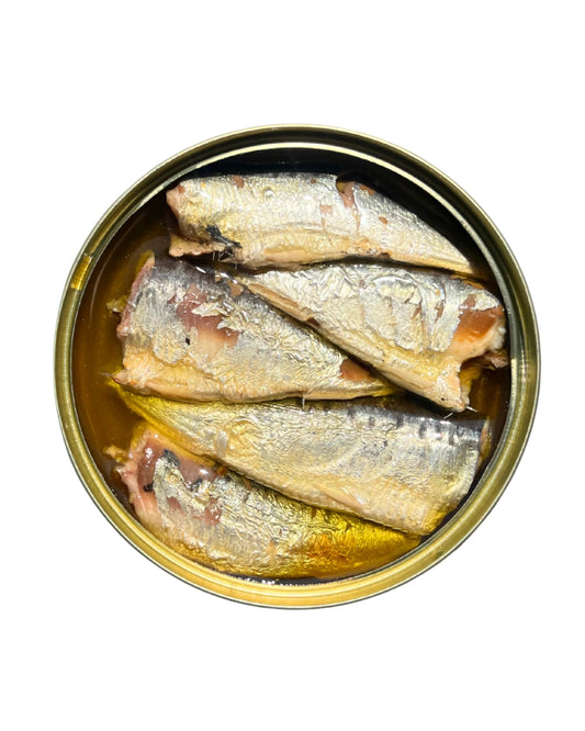 Cornish Sardines with Extra-Virgin Olive Oil (120g) on a slate background, from Hamiltons Fish