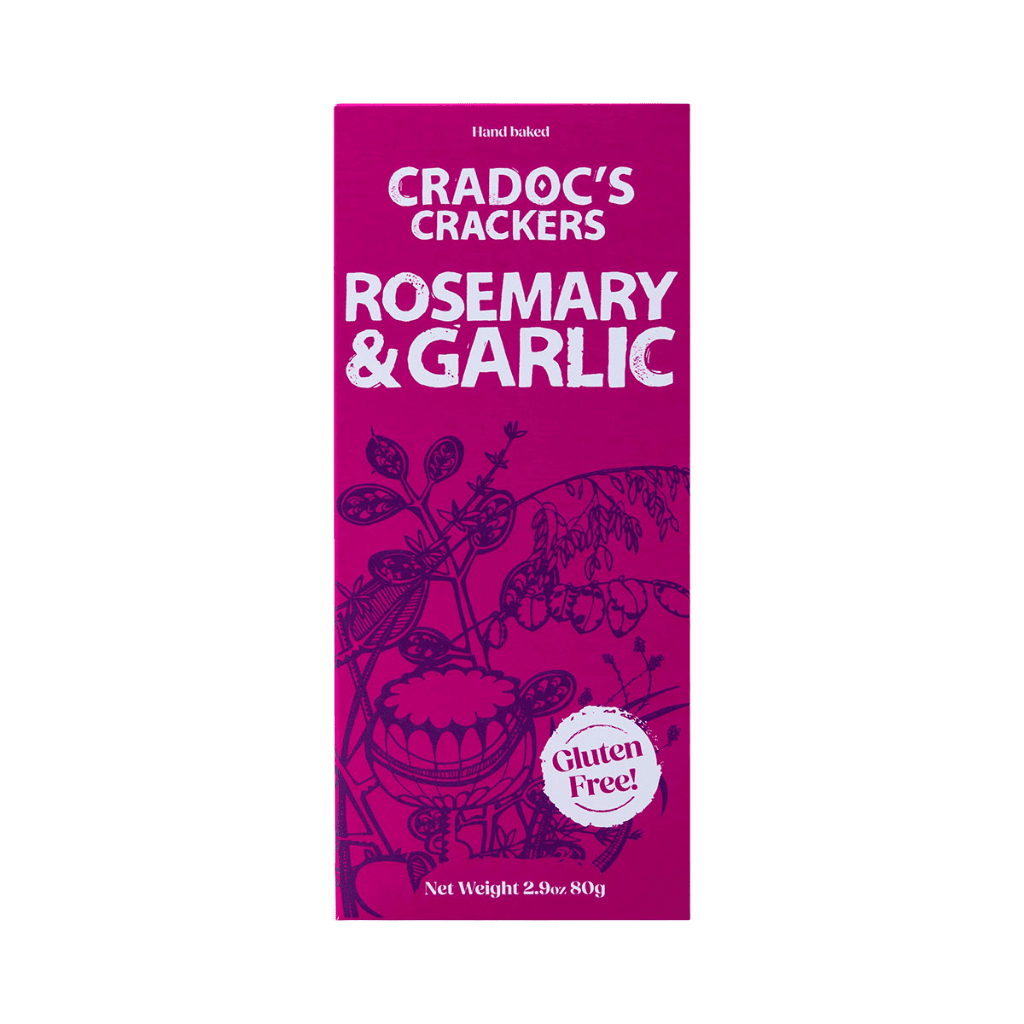 Cradoc’s Gluten Free Rosemary & Garlic Crackers (80g) on a slate background, from Hamiltons Fish