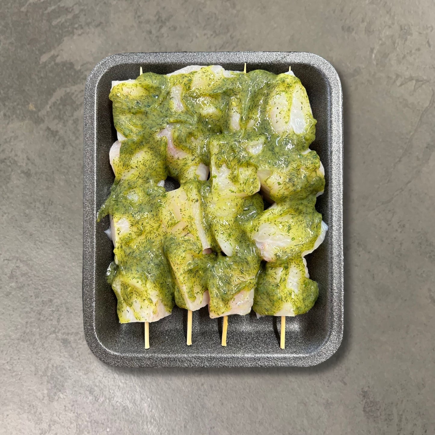 Seafood Kebab Skewers on a slate background, from Hamiltons Fish