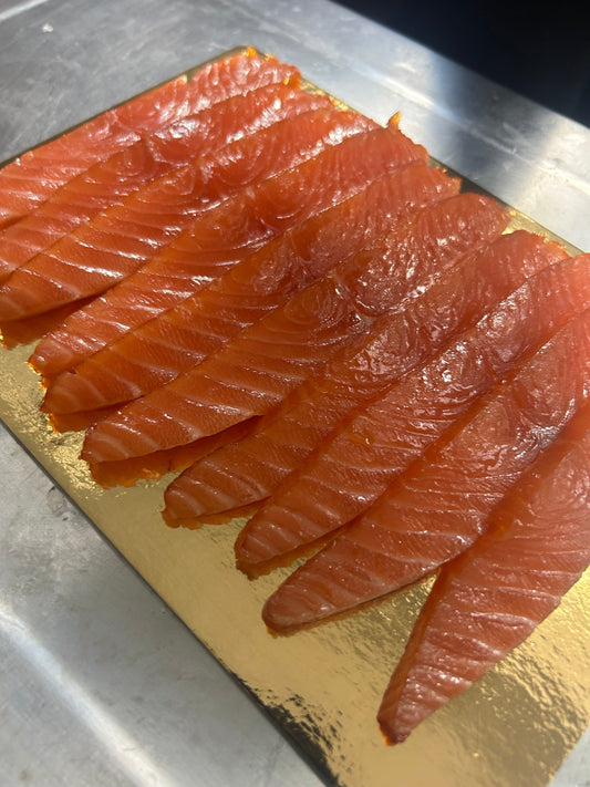 Smoked Salmon Sashimi Style on a slate background, from Hamiltons Fish