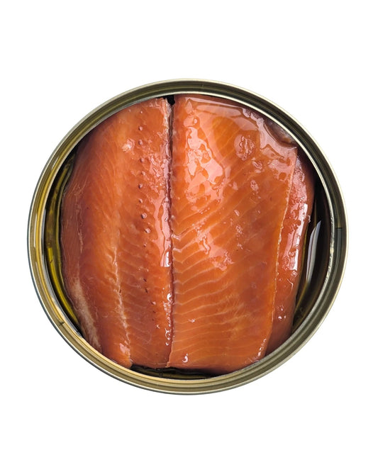 Smoked Trout in Extra Virgin Olive Oil (120g) on a slate background, from Hamiltons Fish