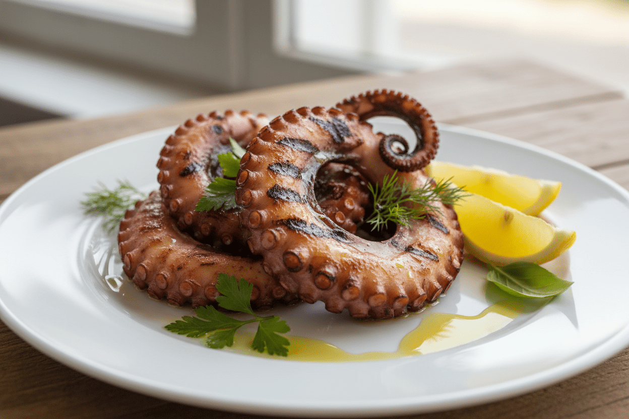 Cooked Octopus served on a white plate