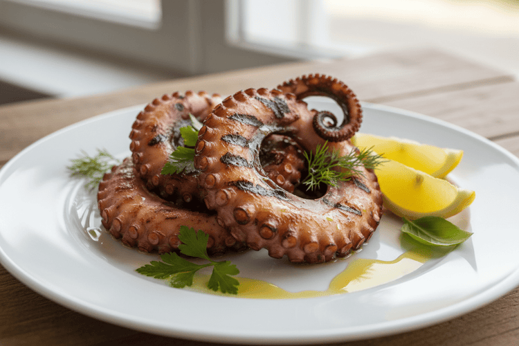 Cooked Octopus served on a white plate