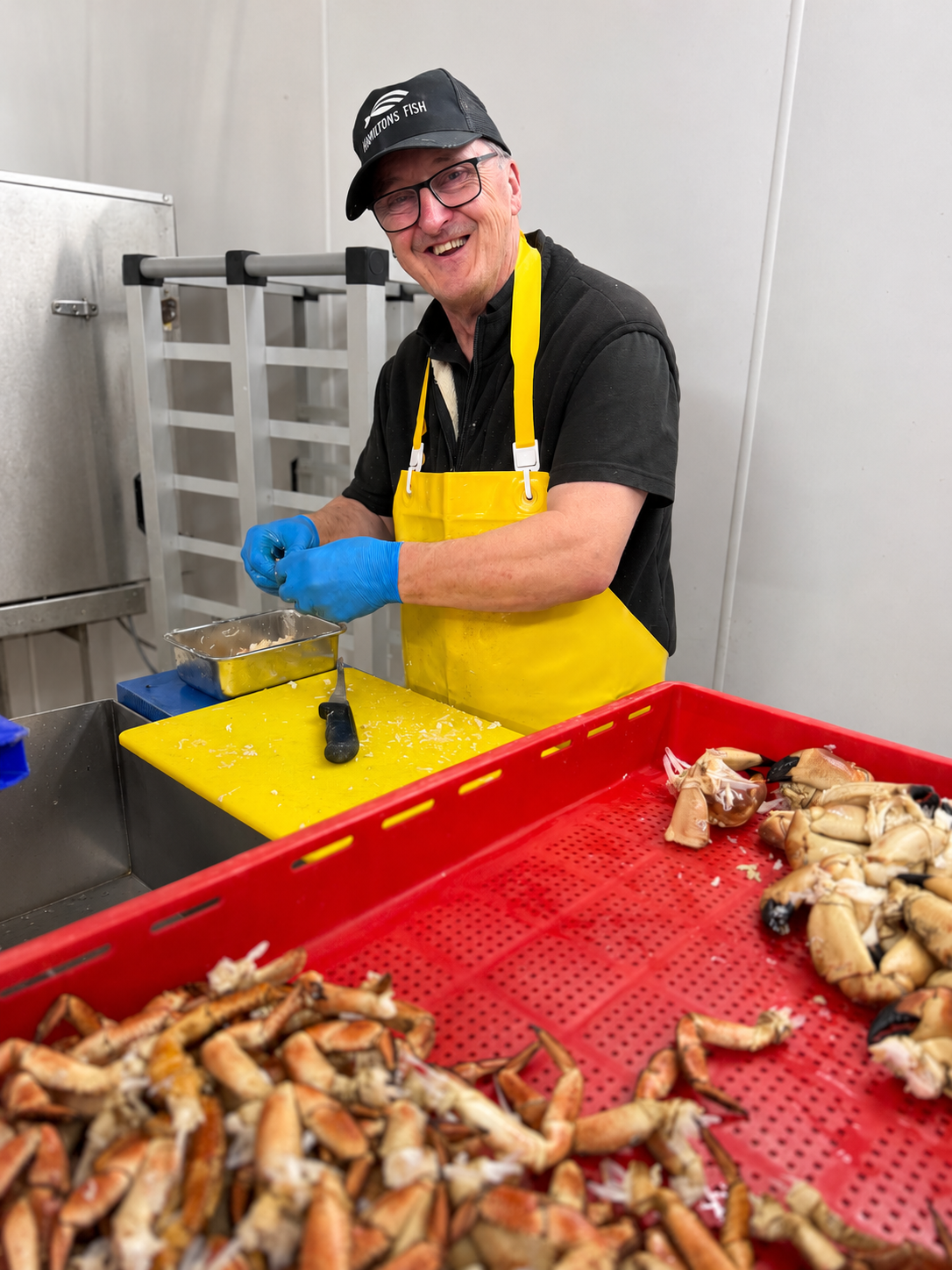 Kevin Hamilton hand-picking fresh crab meat at Hamiltons Fish