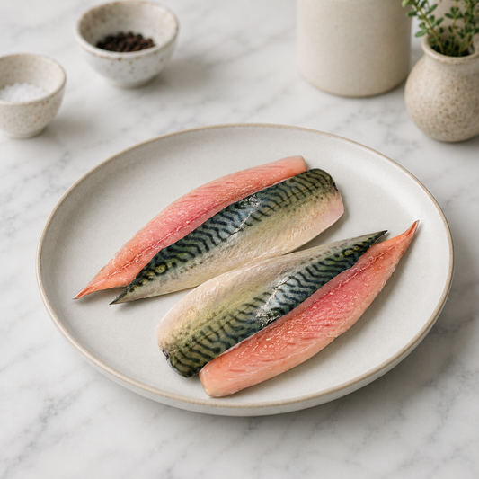 Mackerel fillets on. a white plate with a marble worktop background