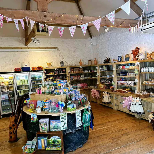 Store interior with shelves stocked with products and a counter displaying various items.