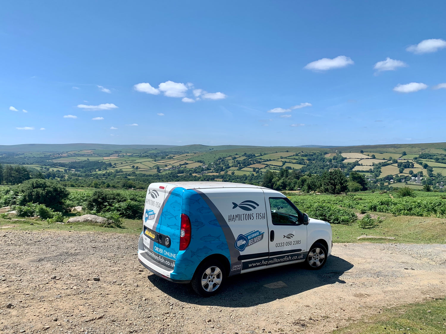 hamiltons fish branded van parked on dartmoor