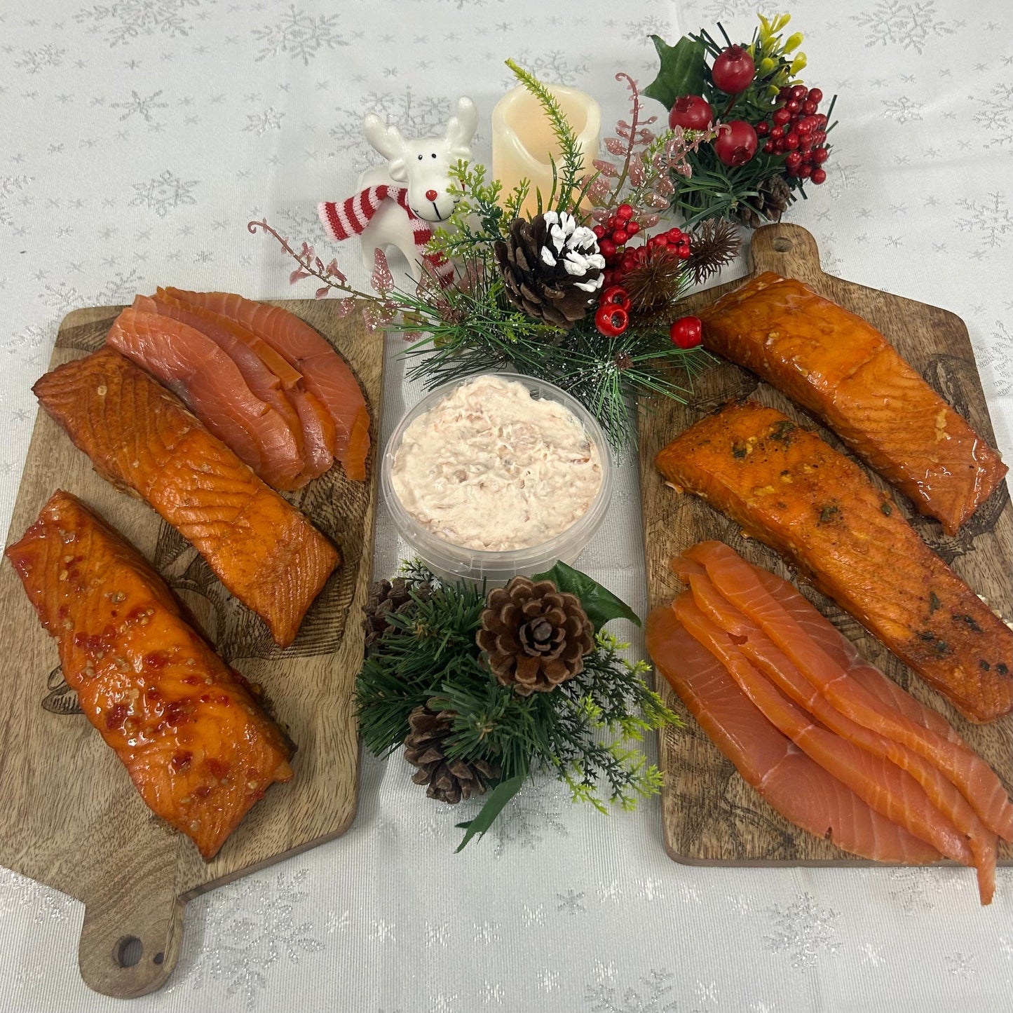 Christmas Salmon Box on a slate background, from Hamiltons Fish