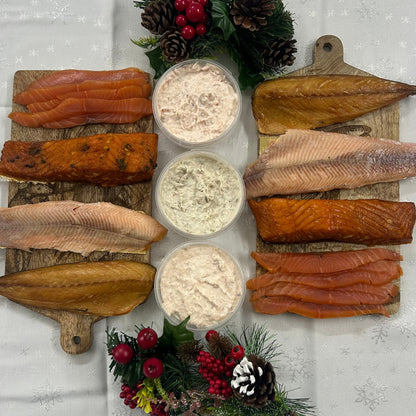 Christmas Smoked Fish Box on a slate background, from Hamiltons Fish