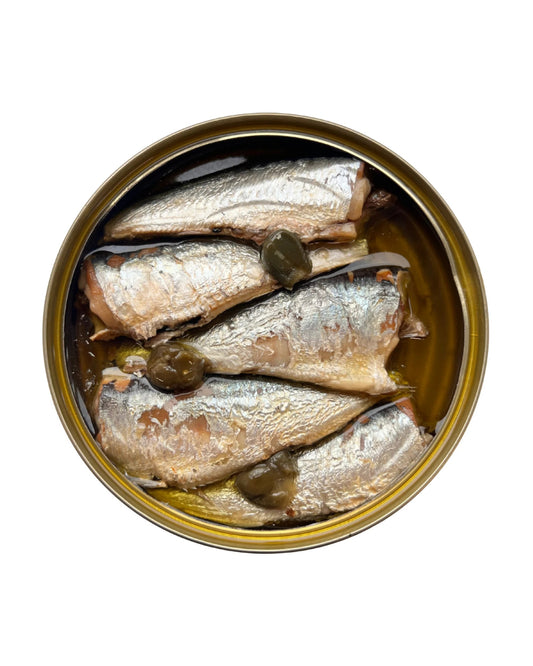 Cornish Sardines with Rosemary & Capers (120g) on a slate background, from Hamiltons Fish
