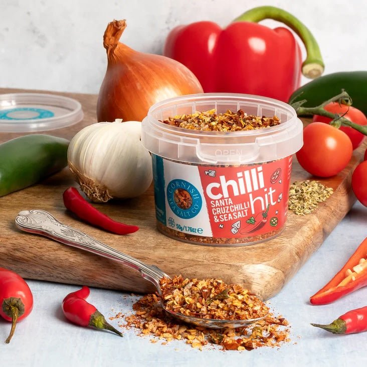 Cornish Sea Salt Chilli Hit Salt (50g) on a slate background, from Hamiltons Fish
