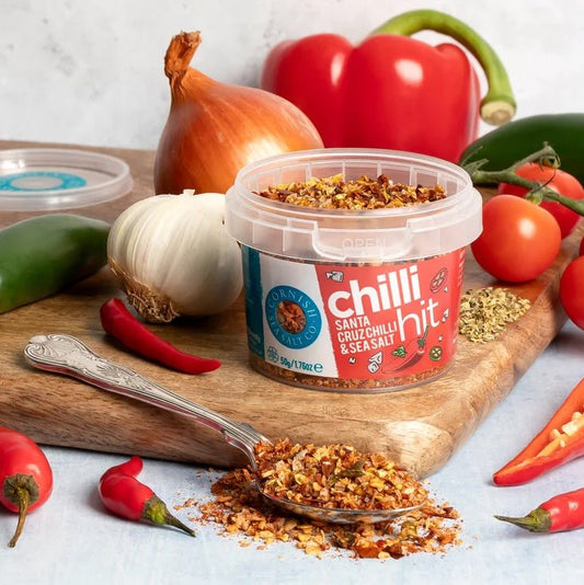 Cornish Sea Salt Chilli Hit Salt (50g) on a slate background, from Hamiltons Fish
