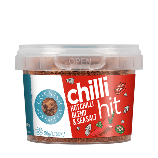 Cornish Sea Salt Chilli Hit Salt (50g) on a slate background, from Hamiltons Fish