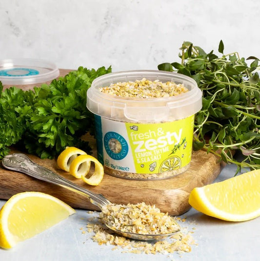 Cornish Sea Salt Fresh & Zesty Cornish Salt (55g) on a slate background, from Hamiltons Fish