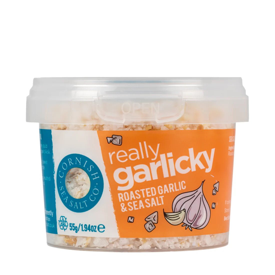 Cornish Sea Salt Garlic Salt (55g) on a slate background, from Hamiltons Fish
