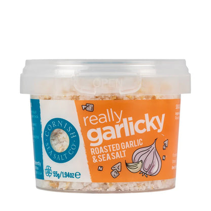 Cornish Sea Salt Garlic Salt (55g) on a slate background, from Hamiltons Fish