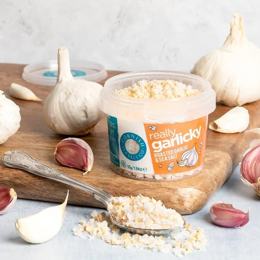 Cornish Sea Salt Garlic Salt (55g) on a slate background, from Hamiltons Fish