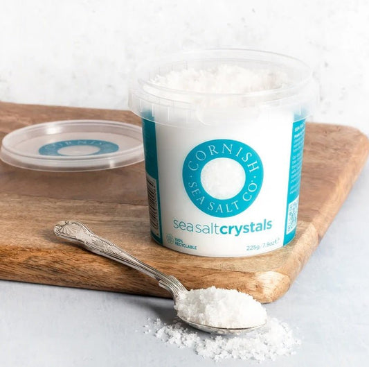 Cornish Sea Salt Original Sea Salt Flakes (225g) on a slate background, from Hamiltons Fish