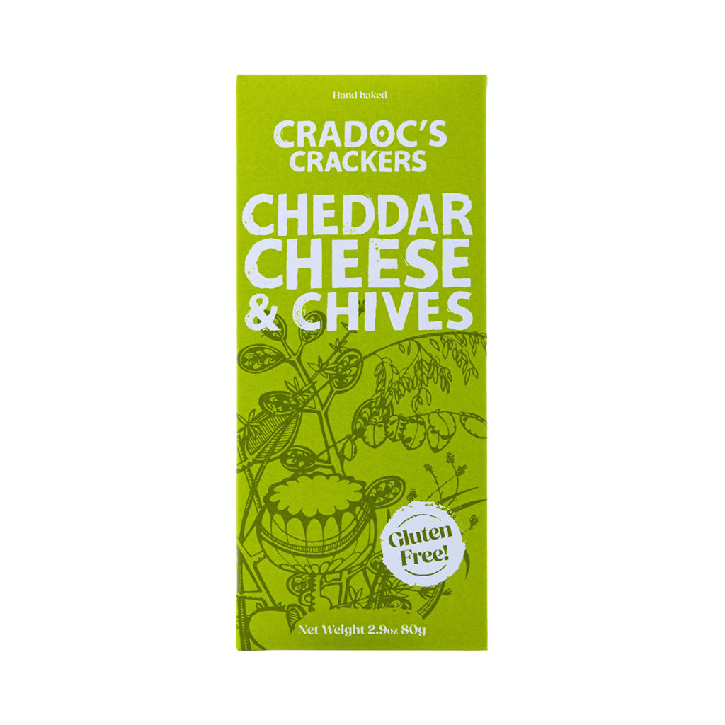 Cradoc’s Gluten Free Cheddar & Chives Crackers (80g) on a slate background, from Hamiltons Fish