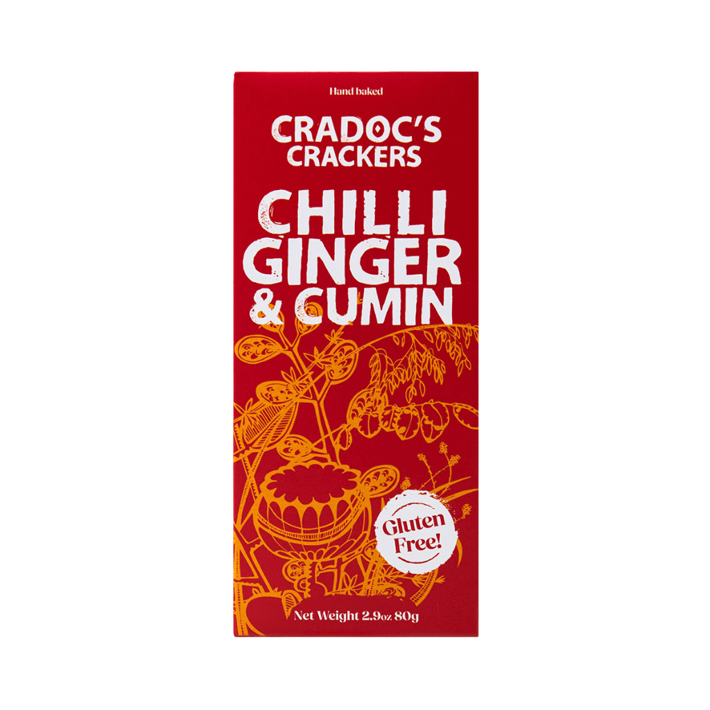 Cradoc’s Gluten Free Chilli, Ginger & Cumin Crackers (80g) on a slate background, from Hamiltons Fish