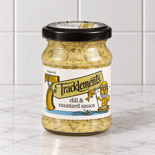Dill & Mustard Sauce (140g) on a slate background, from Hamiltons Fish