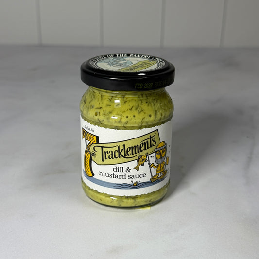 Dill & Mustard Sauce (140g) on a slate background, from Hamiltons Fish