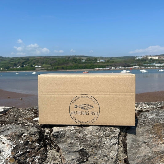 Fish of the Day Box – 4 Portions Per Person on a slate background, from Hamiltons Fish
