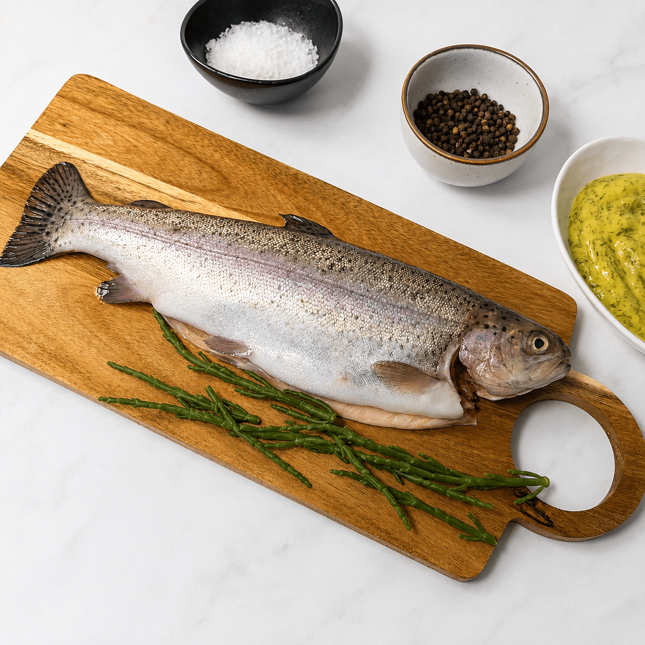 Fresh Farmed Rainbow Trout on a slate background, from Hamiltons Fish