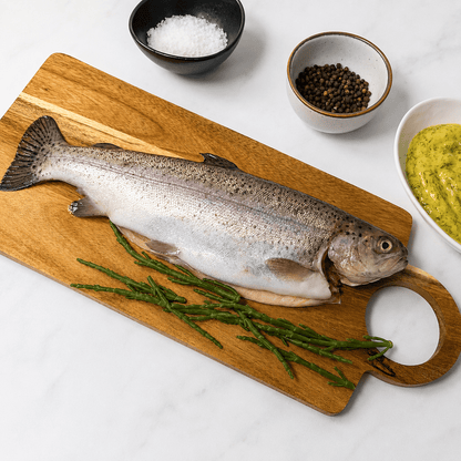 Fresh Farmed Rainbow Trout on a slate background, from Hamiltons Fish
