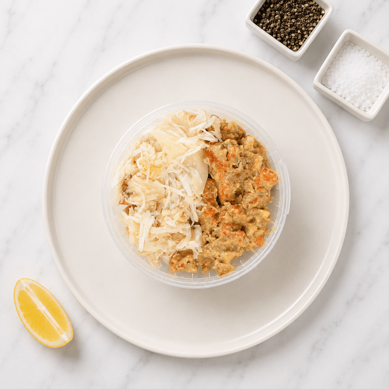Fresh Handpicked 50/50 Crabmeat on a slate background, from Hamiltons Fish