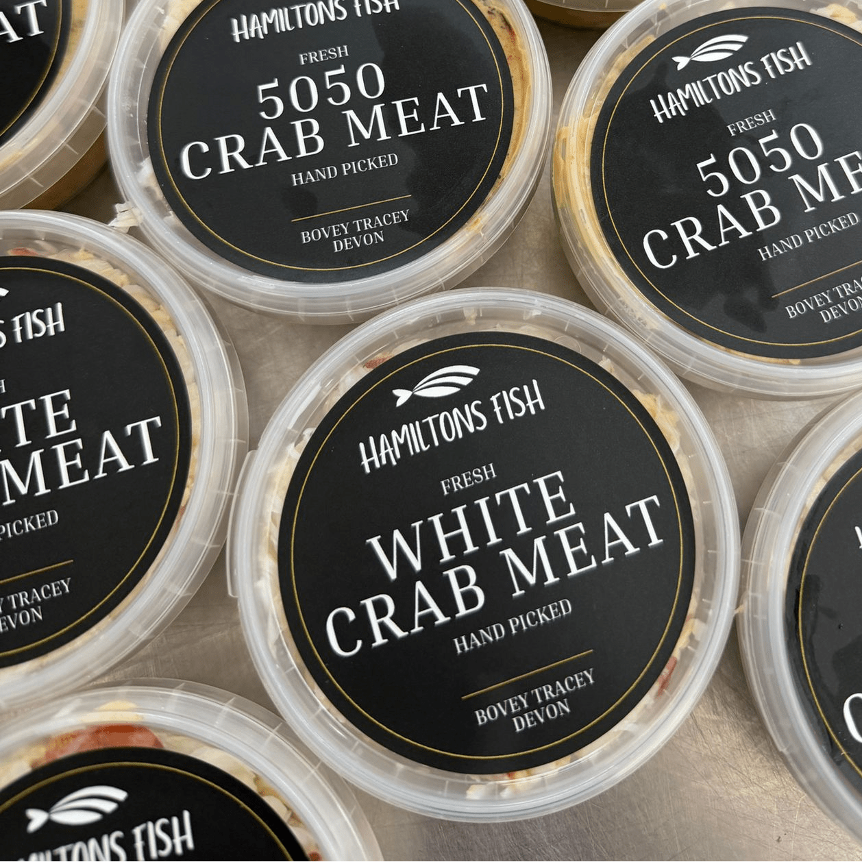 Fresh Handpicked White Crabmeat on a slate background, from Hamiltons Fish