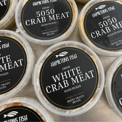 Fresh Handpicked White Crabmeat on a slate background, from Hamiltons Fish