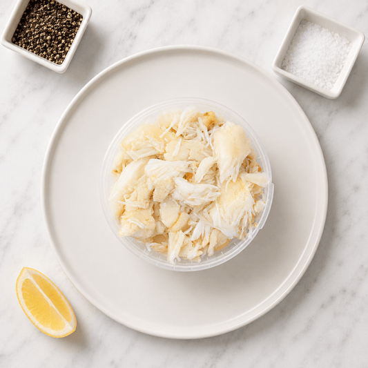 Fresh Handpicked White Crabmeat on a slate background, from Hamiltons Fish