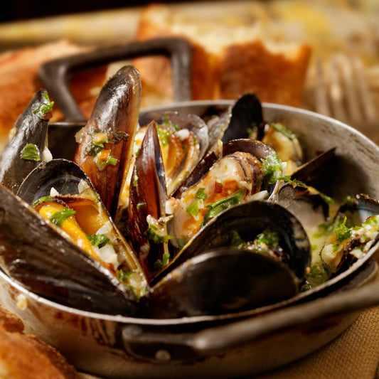 Fresh Live Mussels on a slate background, from Hamiltons Fish
