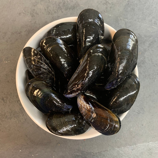 Fresh Live Mussels on a slate background, from Hamiltons Fish