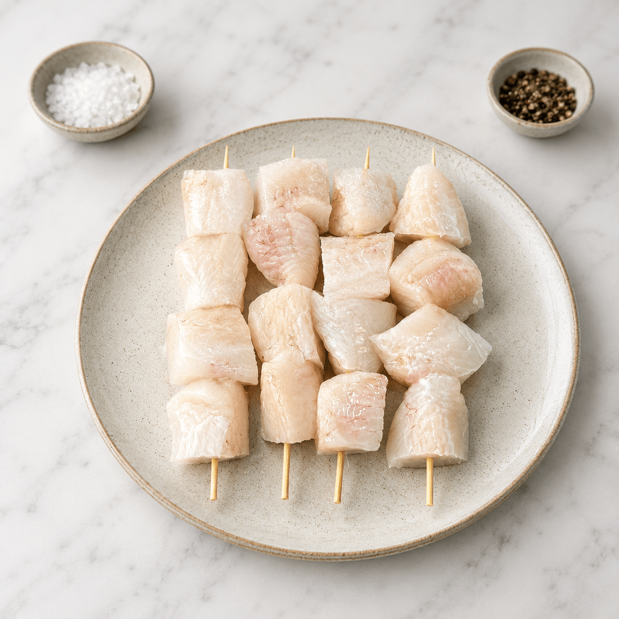 Fresh Monkfish Kebab Skewers on a slate background, from Hamiltons Fish