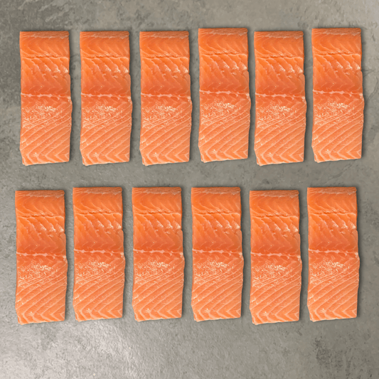 Fresh Salmon Portion Box on a slate background, from Hamiltons Fish