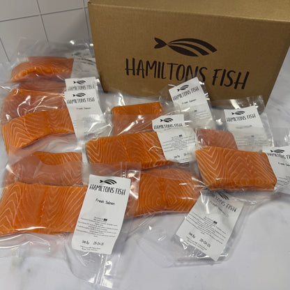 Fresh Salmon Portion Box on a slate background, from Hamiltons Fish
