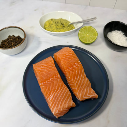 Fresh Salmon Portions on a slate background, from Hamiltons Fish