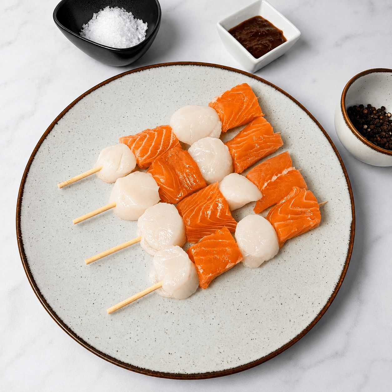 Fresh Scallop & Salmon Kebab Skewers on a slate background, from Hamiltons Fish