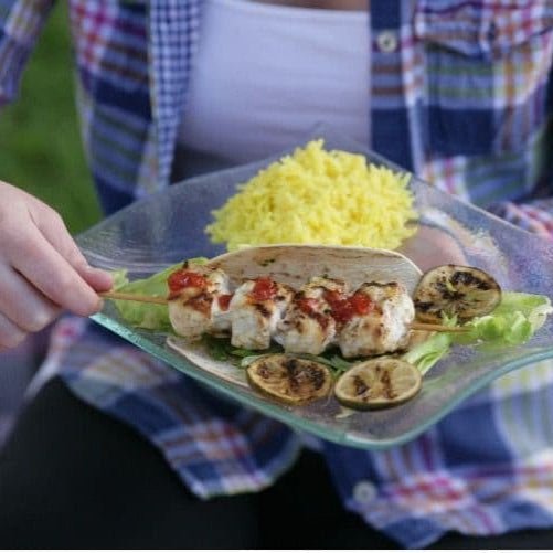 Fresh Scallop & Salmon Kebab Skewers on a slate background, from Hamiltons Fish