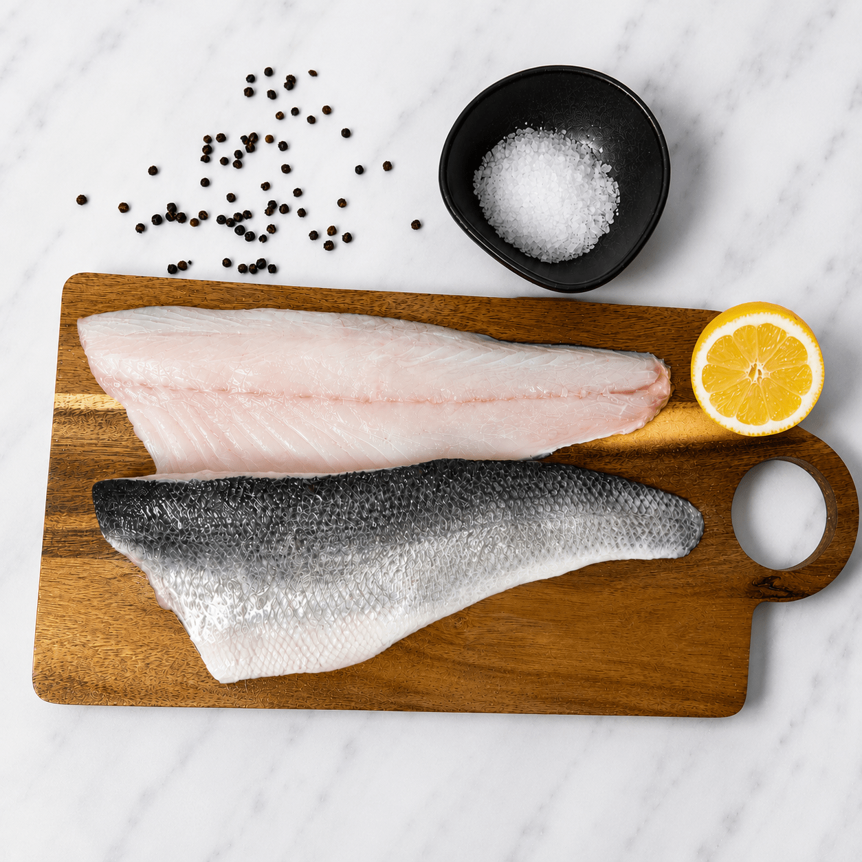 Fresh Wild Bass on a slate background, from Hamiltons Fish