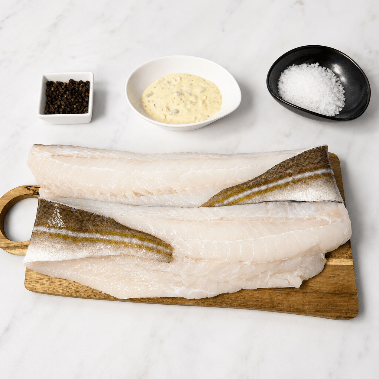 Fresh Wild Cod Fillets on a slate background, from Hamiltons Fish