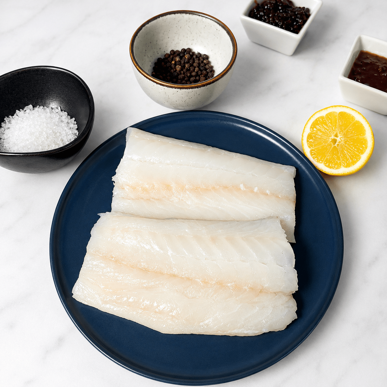Fresh Wild Cod Fillets on a slate background, from Hamiltons Fish