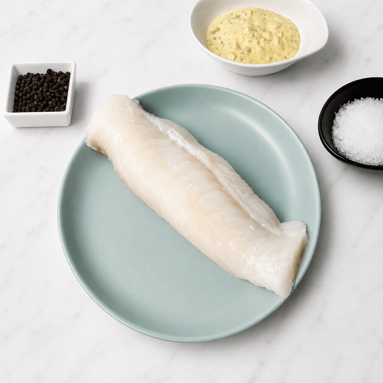 Fresh Wild Cod Loin on a slate background, from Hamiltons Fish