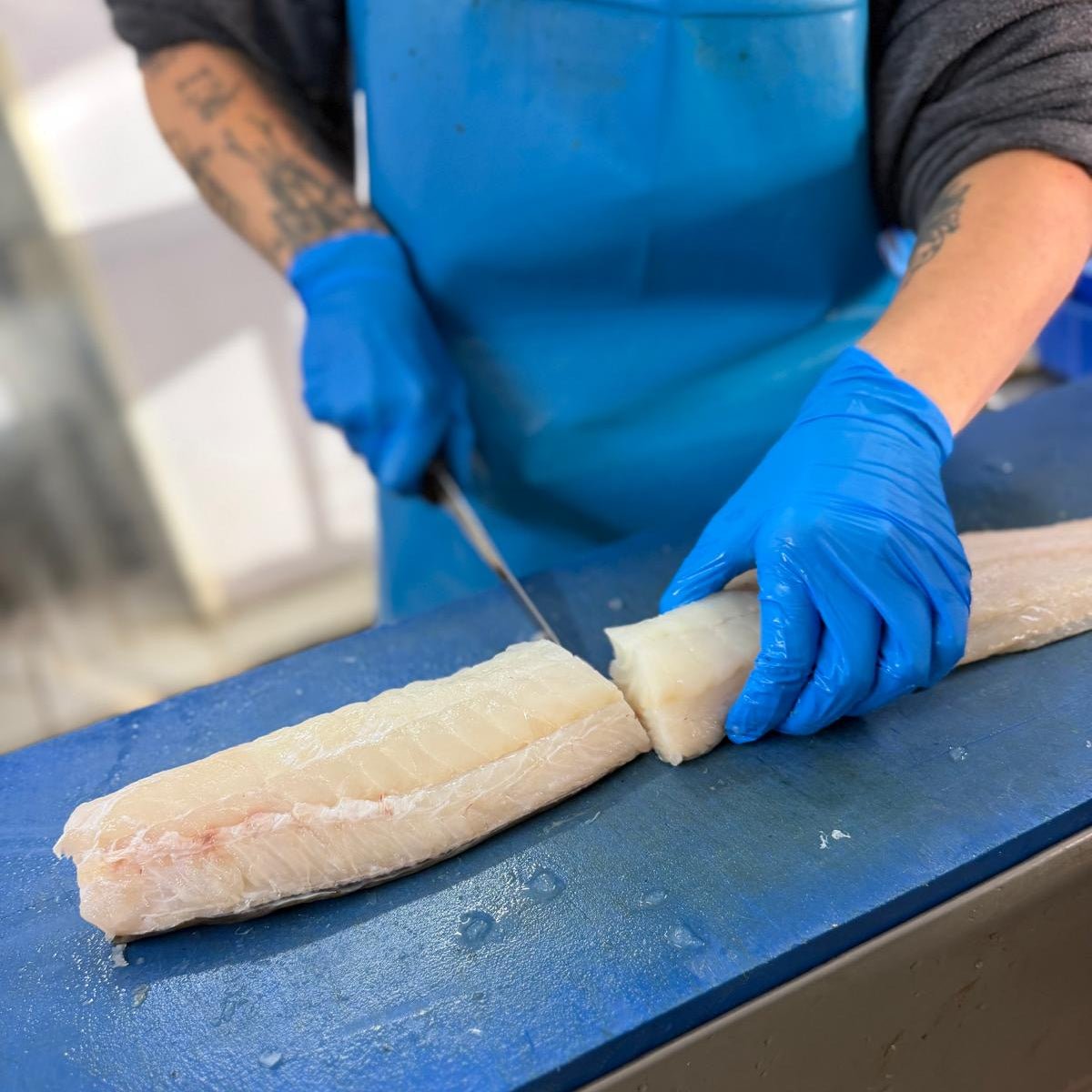 Fresh Wild Cod Loin on a slate background, from Hamiltons Fish