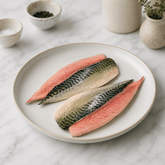 Fresh Wild Mackerel Fillets on a slate background, from Hamiltons Fish