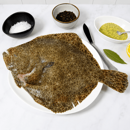 Fresh Wild Turbot on a slate background, from Hamiltons Fish
