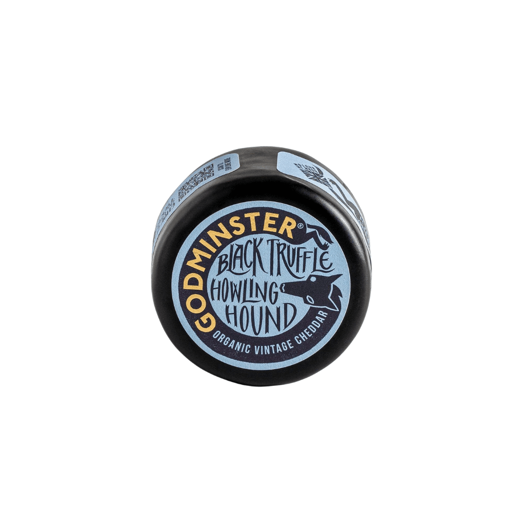 Godminster Black Truffle Howling Hound Cheddar (200g) on a slate background, from Hamiltons Fish